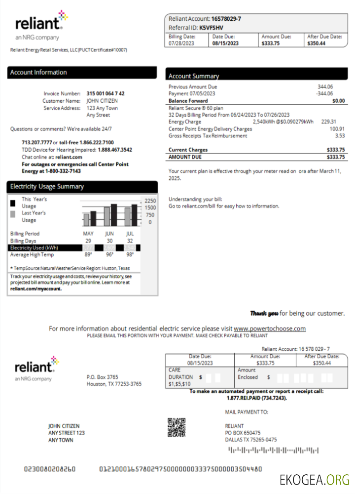 Usa Reliant utility bill word and pdf template